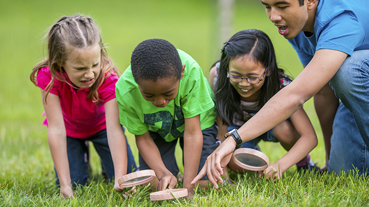 Three-quarter length view of three 6-8 year old children using magnifying glasses and looking down at something in the grass that a young man is pointing out to them