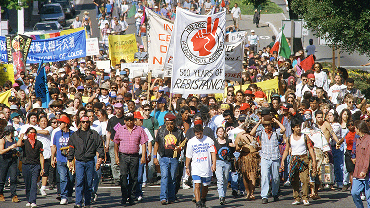 The All Nation Singers chant in appreciation to the city of Berkeley, Calif., during the first Indigenous Peoples Day, Oct. 10, 1992.