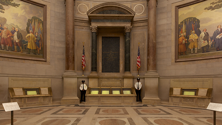 Declaration of Independence on display at the National Archives