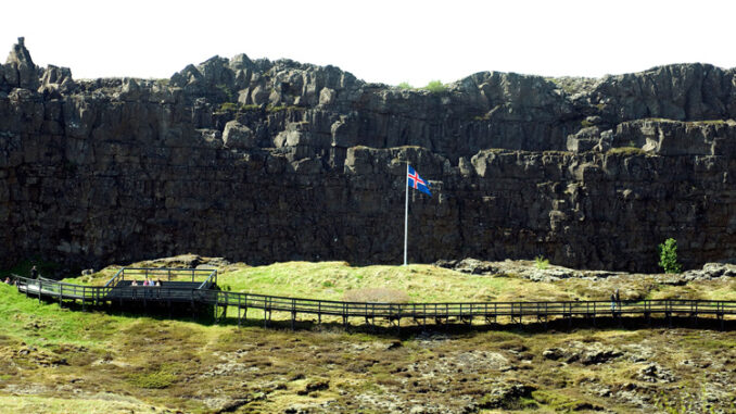 Icelandic flag in a field with a cliff in the background