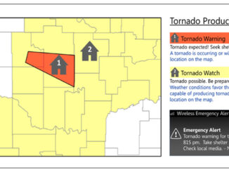 Una infografía con ejemplos y definiciones de vigilancias y avisos de tornados en un mapa.