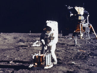 Astronaut Aldrin is photographed by Astronaut Armstrong on the Moon during Apollo 11.