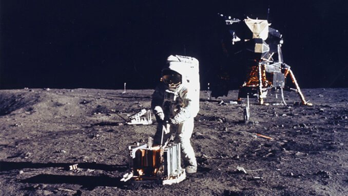 Astronaut Aldrin is photographed by Astronaut Armstrong on the Moon during Apollo 11.