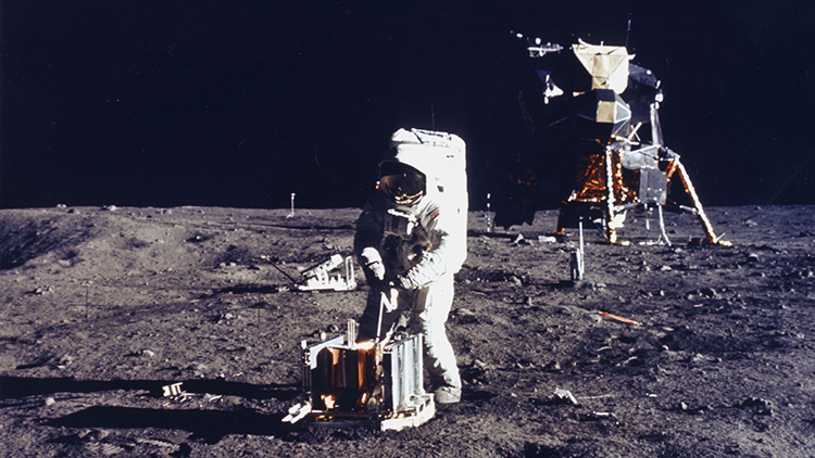 Astronaut Aldrin is photographed by Astronaut Armstrong on the Moon during Apollo 11.
