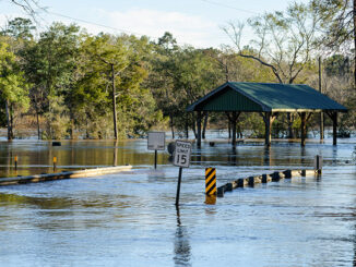 Heavy rains flooded the Choctawhatchee River in Ebro, Florida resulting in this bridge and road being under water.